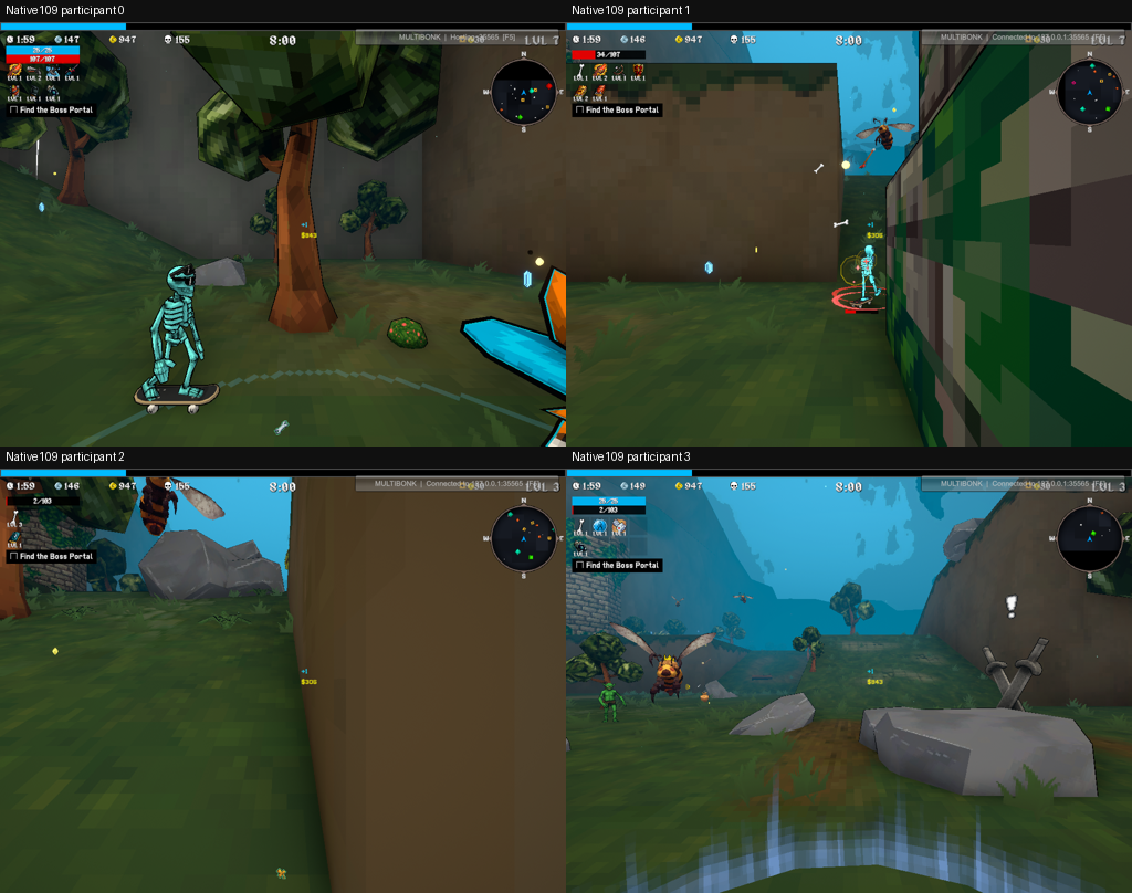 Four actual MegaBonk game views from one Multibonk development run, showing remote players in the same grassy map.