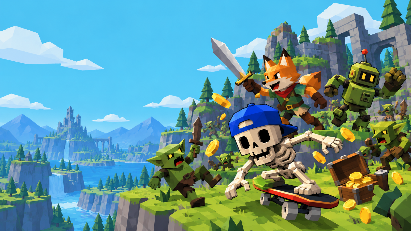 Original low-poly fan illustration of a skateboarding skeleton, a fox and a robot teaming up against goblins on a grassy cliff.